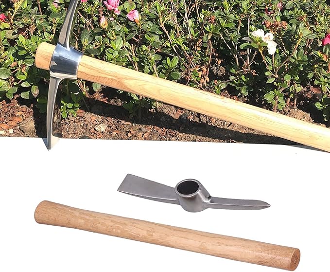 LIANGLIDE Pick Axe Tool Garden Hoe Detachable Pickaxe Hoe Stainless Steel Pickaxe Hoe with Wooden Handle Heavy Duty Wood Pick Axe Garden Mattock Tool for Transplanting Digging Planting Loosening Soil