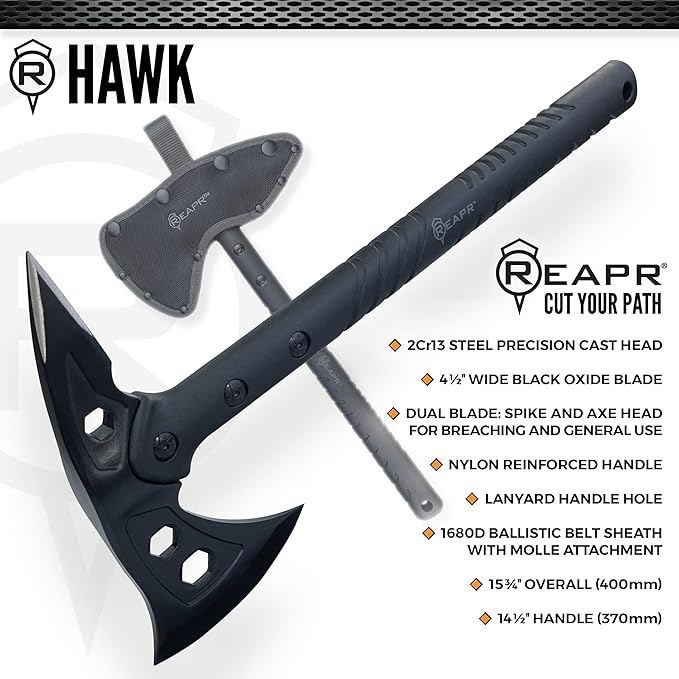 Reapr Tactical Hawk 7" Dual-Blade Throwing Axe – Survival Tomahawk with Spike & Axe Head, Stainless Steel, Nylon-Fiberglass Handle, Belt Sheath – Camping, Hunting, Wood Splitting, Gift for Outdoorsmen