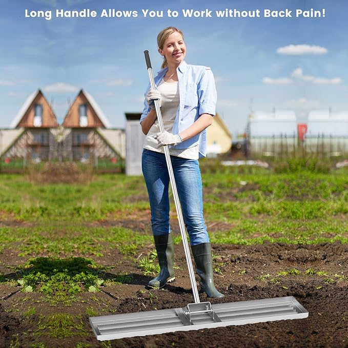 Goplus Lawn Leveling Rake, 46" x 10" Heavy Duty Level Lawn Tool w/ Ergonomic Handle for Soil, Effort-Saving Landscape Rake for Garden, Backyard, Golf Course, Farm, Pasture, Silver