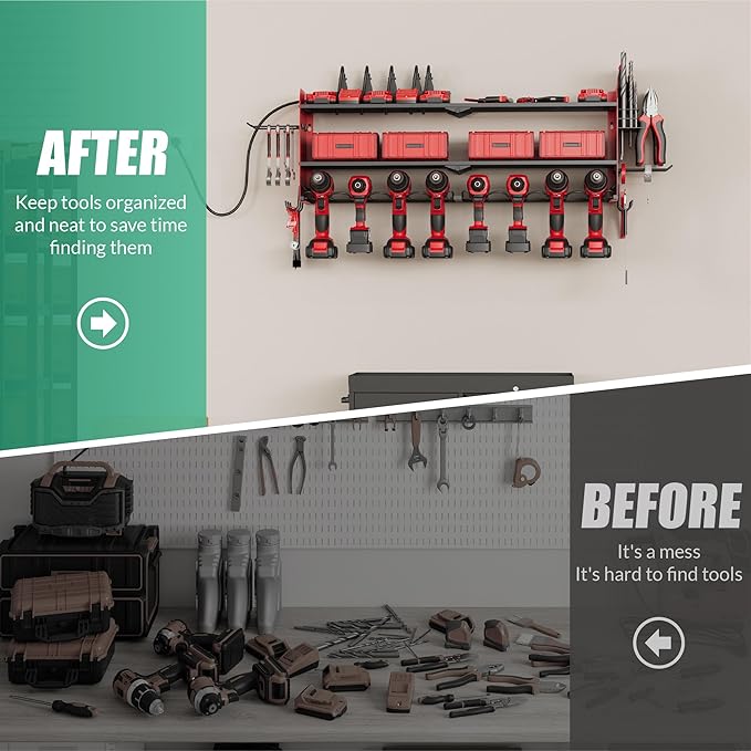 Suchtale Power Tool Organizer Wall Mount with Charging Station,33.2" Garage Storage,8 Drill Holders,3 Layers Heavy Duty Metal Shelf,Built in 8 Outlets Power Strip,Gift for Dad,Men,Red