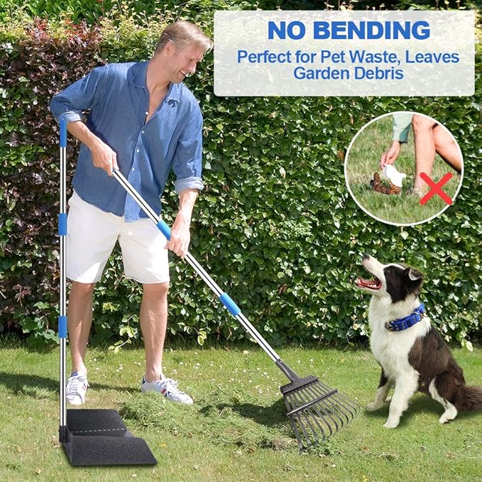 QiMH Upgraded Dog Pooper Scooper Extra Large, Adjustable Long Handle Stainless Metal Pet Poop Tray and Rake Set for Large Medium Small Dogs, Dog Waste Removal Bin Rake, Great for Grass, Street, Gravel