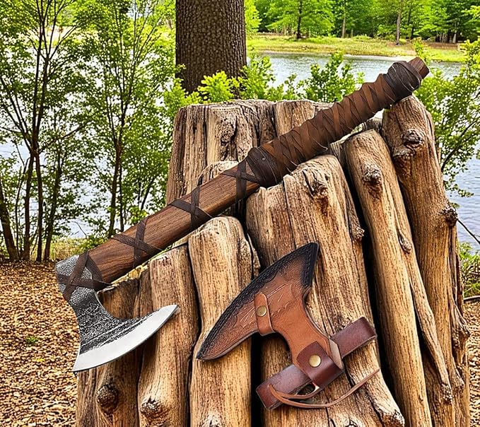 Forest Hunting | 27" and 3.5 lbs Custom Handmade Viking Axe of Ragnar Lothbrok Norsmen- Tomahawk and Forest Hatchet Authentic Viking ax with Sheath Mens Gift. (Ragnar Lothbrok Axe)