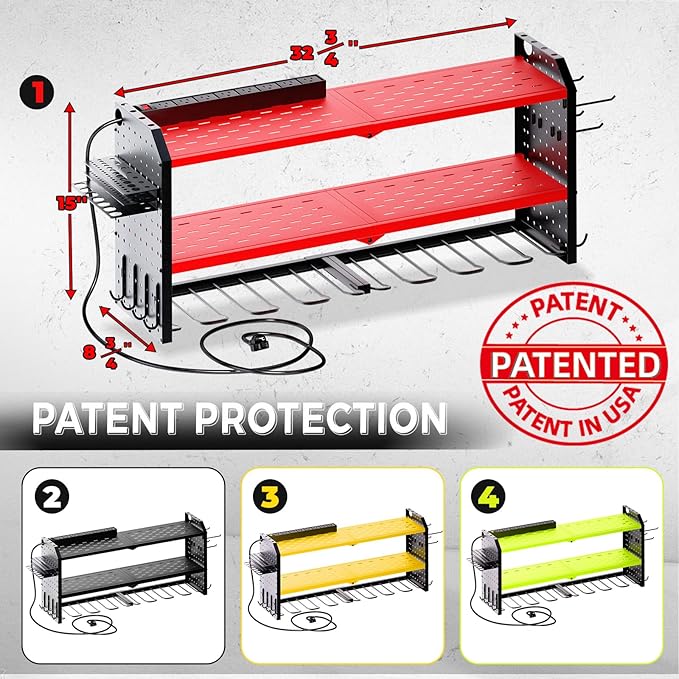 KAFAHOM Power Tool Organizer with Charging Station, Built in 8 Outlet Power Strip, Large 8 Drill Holder Wall Mount, Heavy Duty Metal Power Tool Storage Rack Tool Shelf for Garage Organization Red