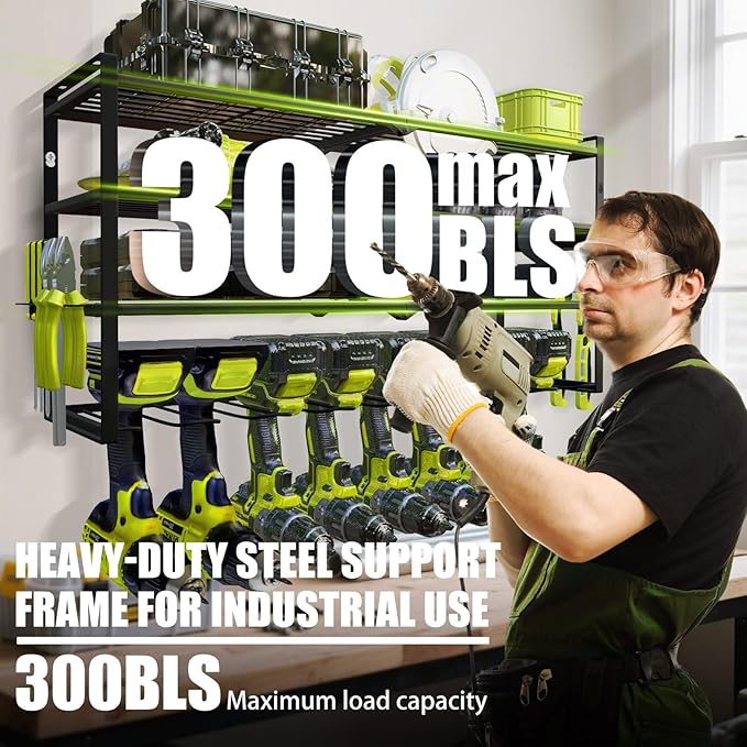 Power Tool Organizer Wall Mount – Metal Cordless Drill Storage Rack with 8 Slots, 4-Tier Adjustable Shelf for Garage, Workshop & Shed Black