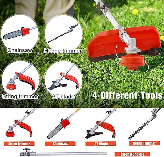 Weed Eater Gas Powered 52cc - 2 Cycle, 5 in 1 Grass Trimmer, Gas Hedge Trimmer, String Trimmer, Brush Cutter, Pole Saw with Extension Pole, Multi Functionallandscaping Tools & Equipmen Red