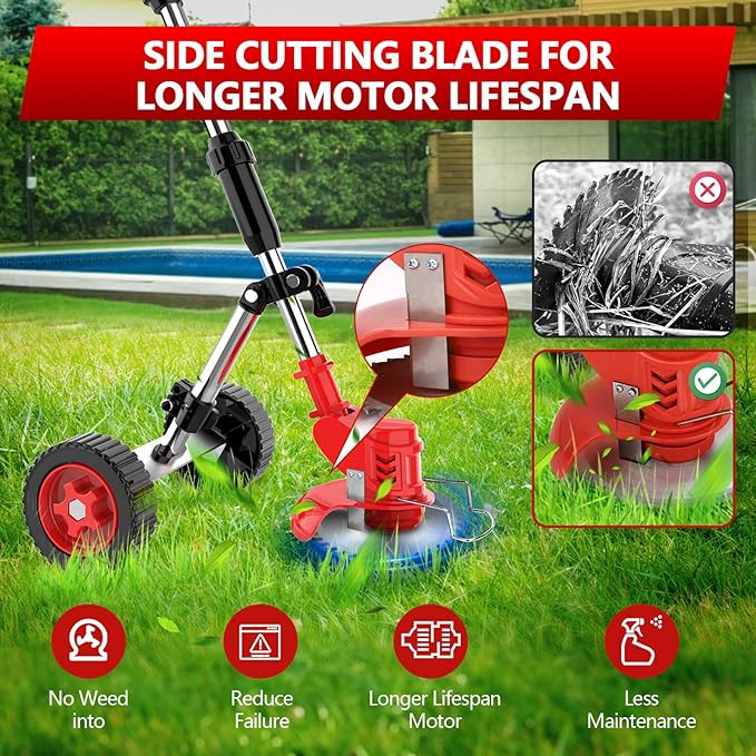6-inch Cordless String Trimmer with 3 Types of Blades, Electric Grass Trimmer,21V 2×2000mAh Weed Eater Battery Powered,Electric Weed Wacker Cordless with Wheels,Lawn Edger, Mower for Yard,Garden