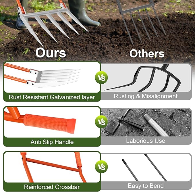 5-Tine Broadfork, 50" Broad Fork Garden Tool Heavy Duty Digging Pitch Fork with H-Shaped Design for Gardening, Farm Cultivating, Loosening Soil