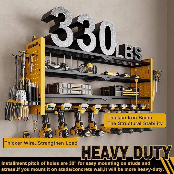 Power Tool Organizer Wall Mount,Cordless Drill Organizer,4 Layers Large Capacity Tool Rack with 8 Drill Holders(YELLOW)