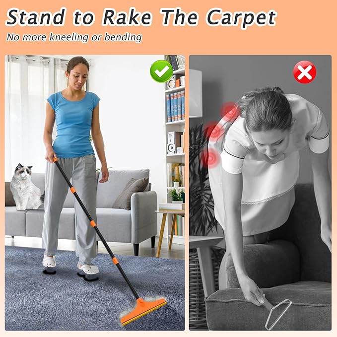 Carpet Rake for Pet Hair Removal - Reusable Pet Hair Remover, 60” Adjustable Long Handle Cat Dog Carpet Rake Scraper, Dog Hair Rake Brush for Rugs, Mats, Couch