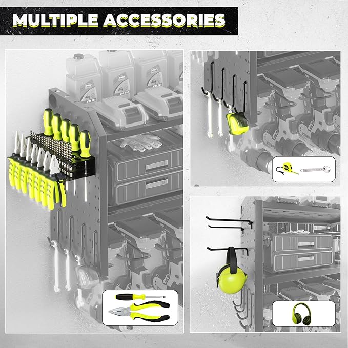 KAFAHOM Power Tool Organizer with Charging Station, Built in 8 Outlet Power Strip,Large 8 Drill Holder Wall Mount, Heavy Duty Metal Power Tool Storage Rack Tool Shelf for Garage Organization Black