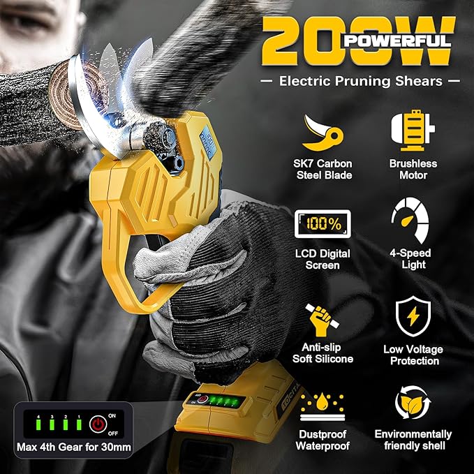 TOCiTAA Cordless Electric Pruning Shears Compatible with Dewalt 20v Battery, Portable Pruner Garden Tool Brushless & Imported SK7 Steel Blades, 1.5-2 Inch Cutting Diameter (Tool Only)