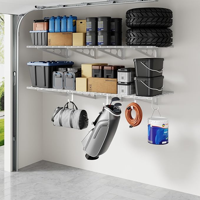 FLEXIMOUNTS 2-Pack 2x6ft Garage Shelving with Hooks, 24-inch-by-72-inch Wall Shelf Garage Storage Racks Floating Shelves, White