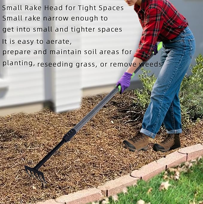 Hand Rake, Adjustable Handle Garden Small Rake Garden Tool, Heavy Duty Hand Tiller Cultivator with Soft Foam Grip, Mini Rakes for Weeding Tilling Soil Loosing Planting
