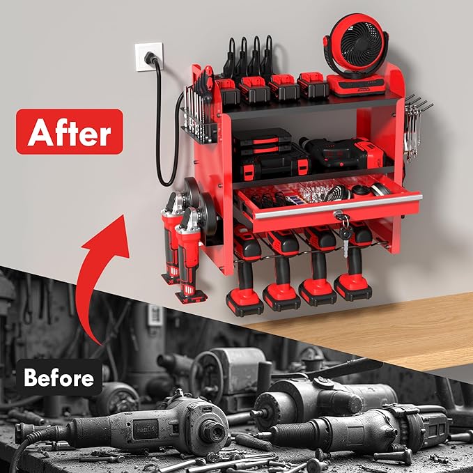 KSVO Power Tool Organizer Wall Mount with Drill Rack & Locking Drawers - Heavy Duty Metal Tool Shelf for Garage, Workshop, Shed, Basement Tool Organization - Gift for Men/Father (Red)
