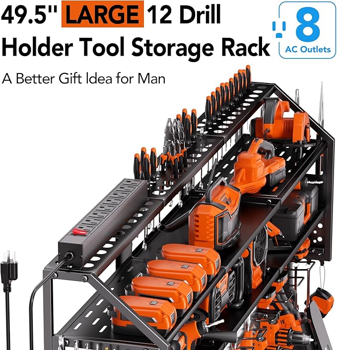 Extra Large Power Tool Organizer Wall Mount with Charging Station, 12 Drill Holders Heavy Duty with 8-Outlet Power Strip, Garage Cordless Drill Storage and Organization, Battery Utility Rack