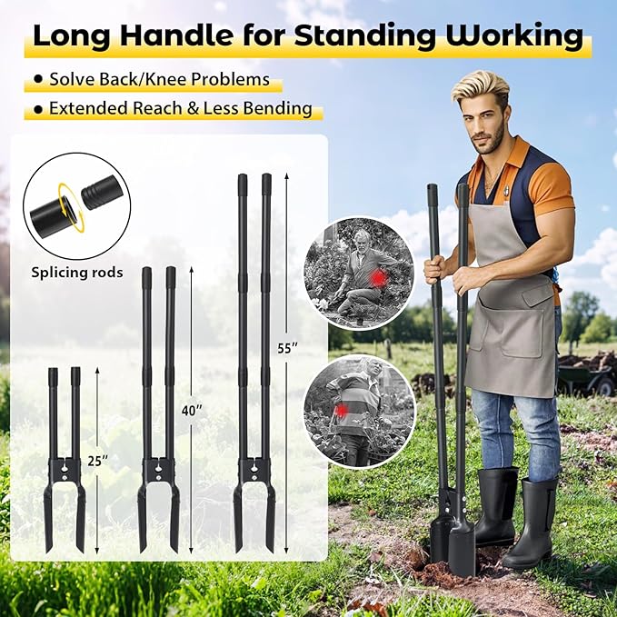 Post Hole Digger Tool, Heavy Duty Post Hole Digger with 55 Inch Handle, Dual Sharp Blades for Soil Plugging, Digging, Cultivating, Weeding, Manual Post Hole Digging Tool Garden Shovel