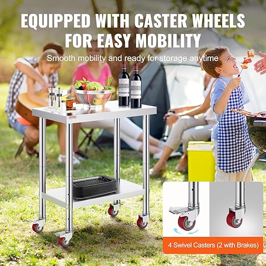 Mophorn 30x18x34 Inch Stainless Steel Work Table 3-Stage Adjustable Shelf with 4 Wheels Heavy Duty Commercial Food Prep Worktable with Brake for Kitchen Prep Work