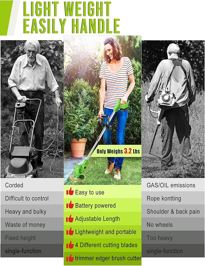 Electric Weed Wacker Cordless: 21V Weed Eaters Battery Powered with 2 Batteries & Charger, Stringless Metal Blade Weed Trimmer 3 in 1 Grass Trimmer/Edger/Brush Cutter for Lawn Yard Garden