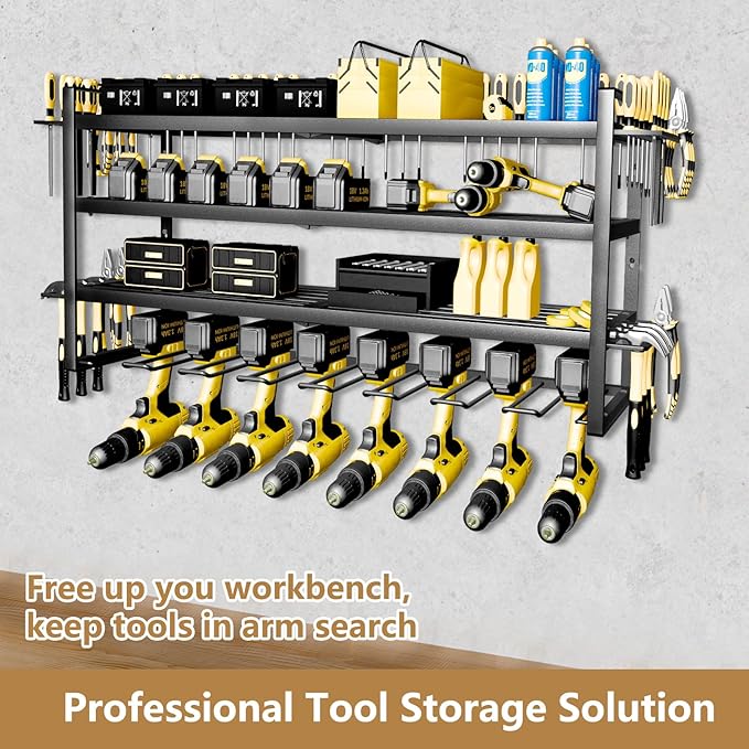 Power Tool organizer, 4 Layer Heavy Duty Metal tool Organizer Loads 260lbs, Garage Wall Organizer 8 Cordless Drill Holder, Wall mounted Tool Organizer for Garage Workshop - 33 Inch