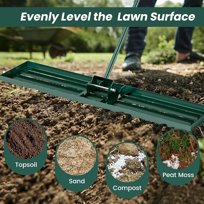 Goplus Lawn Leveling Rake, 46" x 10" Heavy Duty Level Lawn Tool w/ Ergonomic Handle for Soil, Effort-Saving Landscape Rake for Garden, Backyard, Golf Course, Farm, Pasture