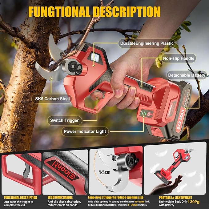 Electric Pruning Shears Cordless, Upgraded LCD Display, 2×21V 2000mAh Batteries, SK5 Alloy Blades, 40-50mm Cutting Diameter, Powerful Brushless Motor – Battery Pruner for Garden, Orchard & Fruit Trees