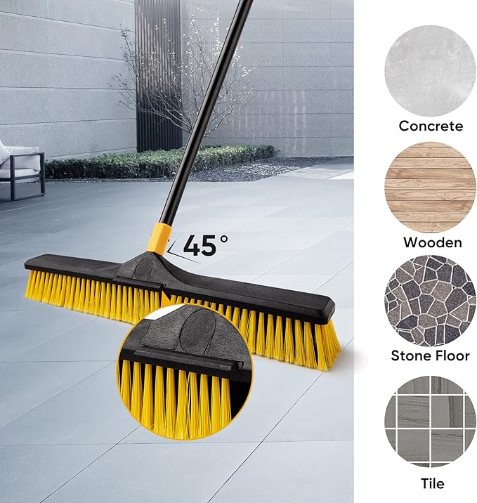 Yocada 24 inch Push Broom Brush Stiff Bristles Heavy-Duty Outdoor Commercial for Cleaning Bathroom Kitchen Patio Garage Deck Concrete Wood Stone Tile Floor 65.3inch Long Handle 2PCS