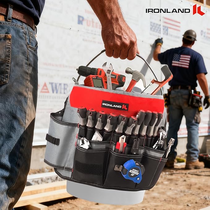 IRONLAND Bucket Tool Organizer Fit 3.5-5 Gallon Bucket, 64 Pockets, Bucket Tool Caddy Organization for Garden, Construction, Carpenter, Electrician, Builder red