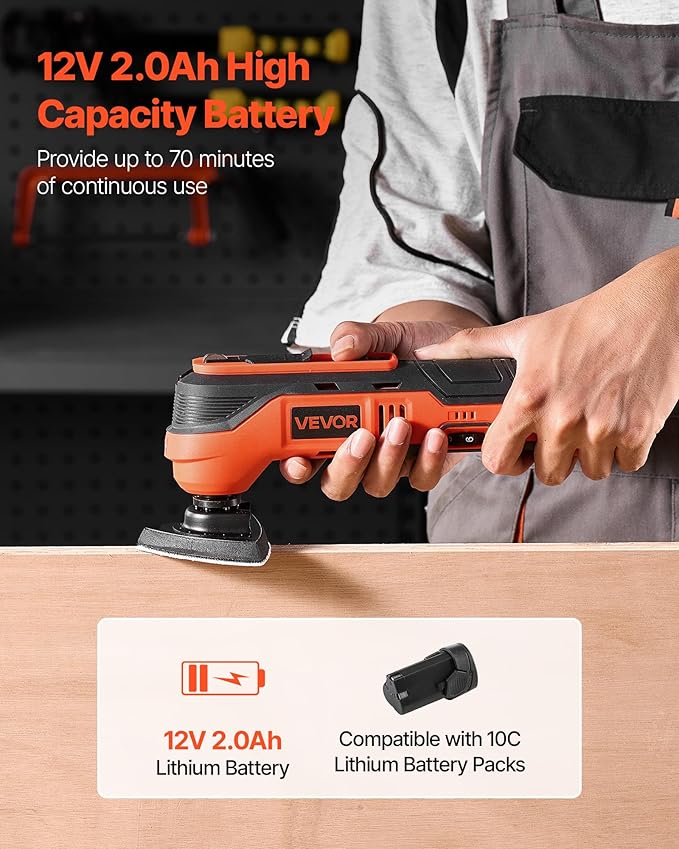 VEVOR Cordless Oscillating Tool, 12V Multitool Oscillating Saw Tool with 6 Variable Speeds 6000-17500 OPM, 3.2° Oscillation Angle, 2.0Ah Battery Pack & Charger, 8PCS Saw Accessories & LED Work Light