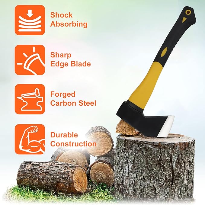 Wood Axe With Sheath - Camping Hatchet for Chopping and Splitting, Outdoor Bushcraft Tool for Hiking, Gardening, Throwing - Anti-Slip Handle (Yellow)