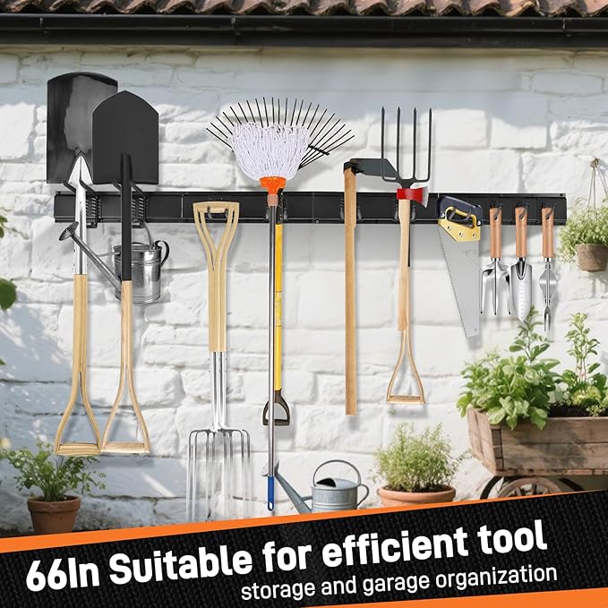 66" Garage Tool Organizer Wall Mount - 720lbs Heavy Duty Metal Rack with Adjustable Hooks, Anti-Rust Shed Storage for Shovels/Rakes/Brooms/Mowers, Efficient Garage & Garden Organization
