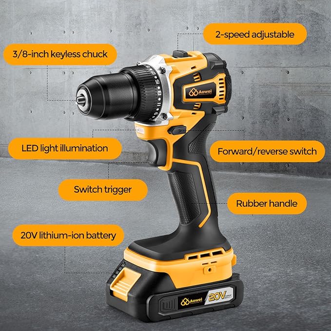 Cordless Drill Set/Driver, 20V Electric Power Drill With Battery And Charger, 40N Torque, 20+1 Settings, 2 Batteries,3/8-Inch Keyless Chuck, Driver Bits Kit, LED Light