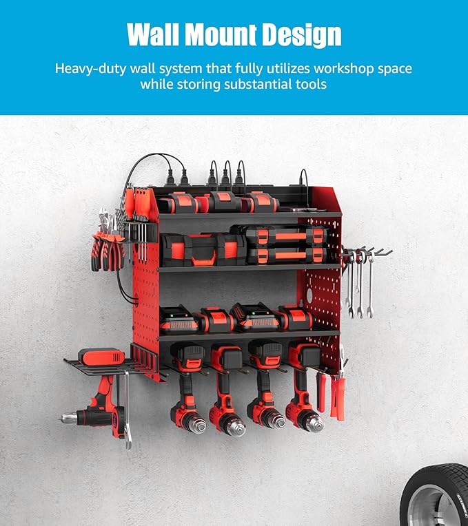 CCCEI Modular Power Tools Organizer with USB Charging Station, 4 Layer Drills and Battery Storage Wall Mount, Garage Shop Organization, Anniversary, Birthday, Gifts for Men, Father, 6FT Cord, Red.