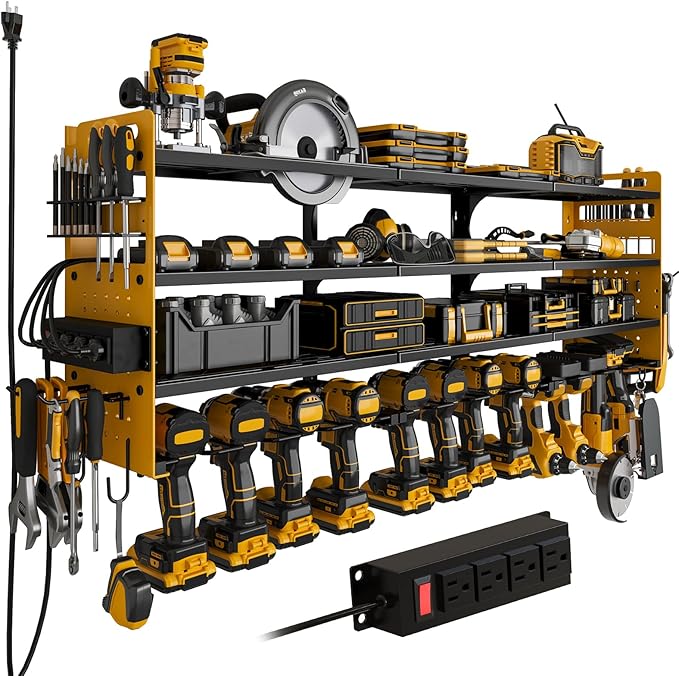12 Cordless Drill Holder Large Power Tool Organizer Wall Mount with Side Pegboard & Screwdriver Holder, 4-Tier Heavy Duty Metal Tool Storage Rack with 4-Outlet Power Strip