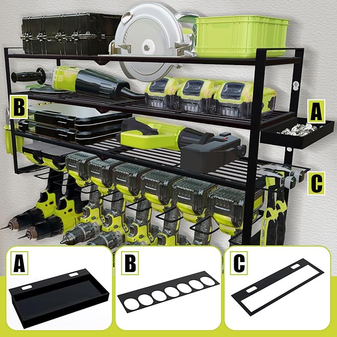 Power Tool Organizer Wall Mount – Metal Cordless Drill Storage Rack with 8 Slots, 4-Tier Adjustable Shelf for Garage, Workshop & Shed Black