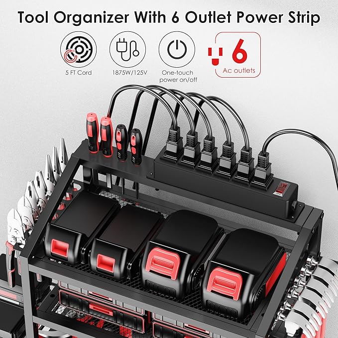 Power Tool Organizer Wall Mount with Charging Station, 4 Layer Storage Rack and Tool Holder for Garage Organization, 6 Drill Holder Wall Mount, 4 Hooks and 6 Outlet Power Strip, Great Men's Gift