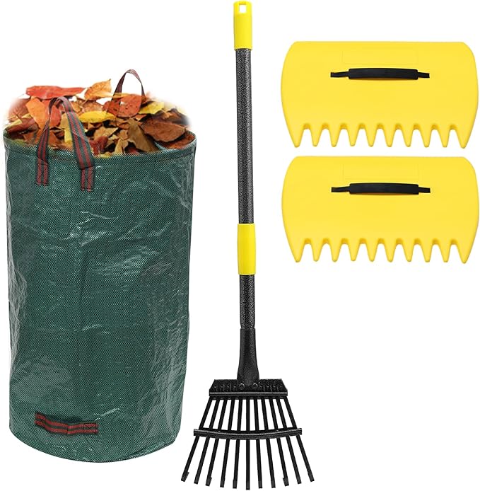 Rake, Metal Garden Leaf Rake for Leaves with 32 Gallon Lawn and Leaf Bags & Leaf Scoops, Adjustable 11 Tines 9" Wide Small Adult Kids Lawn Shrub Yard Landscape Rake Heavy Duty Long Handle 30-60