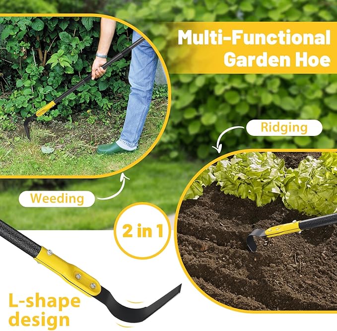 Garden Hoe Tool, 77 Inch L Shaped Hoe Garden Tools with Adjustable Long Handle for Weeding, Loosening Soil,Trenching, Heavy Duty Crack Crevice Weeding Hoe Hand Garden Tools for for Gardening Planting