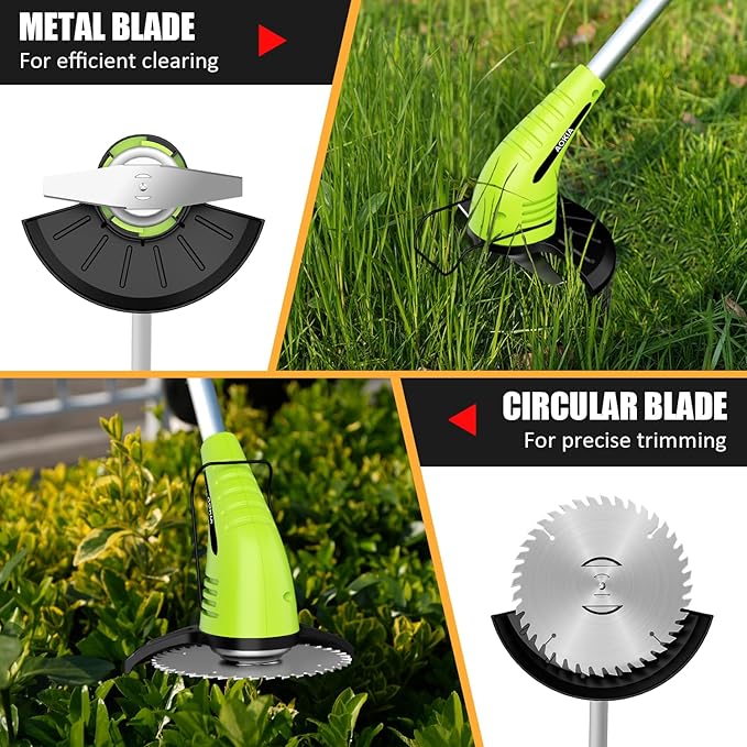 Electric Weed Wacker: Grass String Trimmer with 12V 2.0Ah Batteries & Fast Charger - Cordless Lightweight Cutter/Edger/Mower with 2 Types Blades for Garden Yard Lawn, Green
