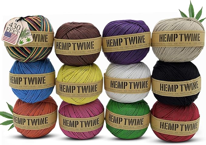 Hemp Twine for Gardening - Twine for Crafts - Organic Natural Hemp String for Jewelry Making - Strong Durable Cord for Decoration, Macrame + Cooking - 1MM, 100G/430 Ft. - 20 lb. Test Strength - 12 Pk