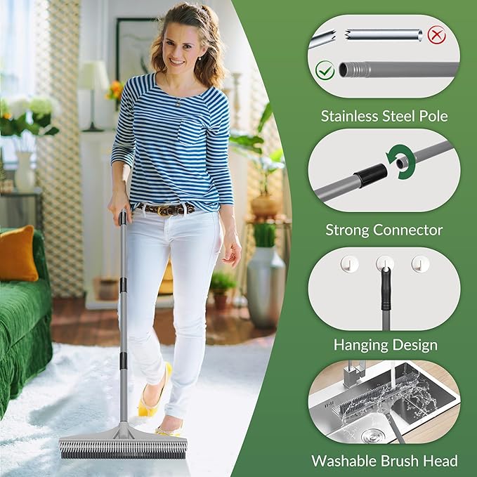 Walensee Carpet Rake for Pet Hair Removal, 61" Carpet Hair Cleaning Tool with Adjustable Long Handle, 2-in-1 Rubber Broom and Nylon Carpet Brush for Fur Rug, Stairs and Mats - Washable, Durable