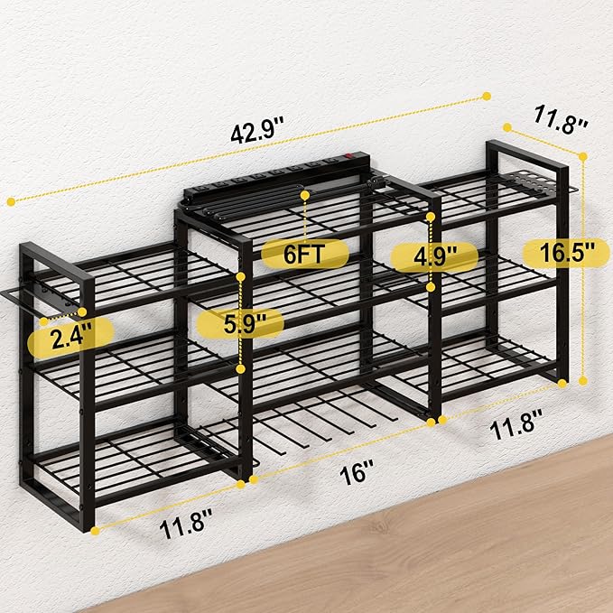 Power Tool Organizer Wall Mount With Charging Station,Upgraded Tool Shelf Load 400 Lbs,10-Tiers With 4 Cordless Drill Rack And 6FT Power Strip,Battery Utility Shelve For Garage Workshop