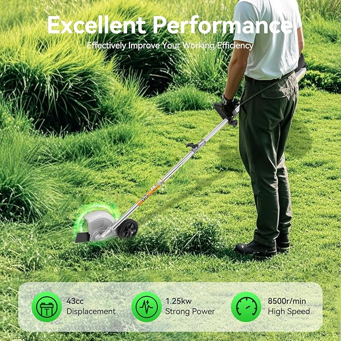 43CC 2-Stroke Weed Eater Gas Powered Weed Wacker, 2 Blade Heads Cordless Lawn Edger Gas Weed Trimmer with Shoulder Strap and Goggles Grass, Trimmer Tools for The Garden and Yard