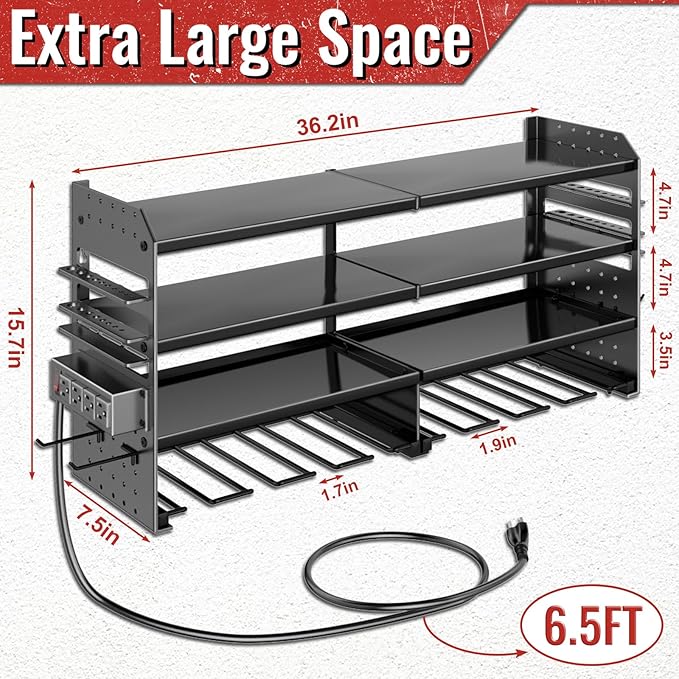 Large Power Tool Organizer Wall Mount with Charging Station, 4 Layer Heavy Duty Metal Cordless Tool Organizer, Tool Storage Rack with 8 Cordless Drill Holder Screwdriver Hammer(Black)