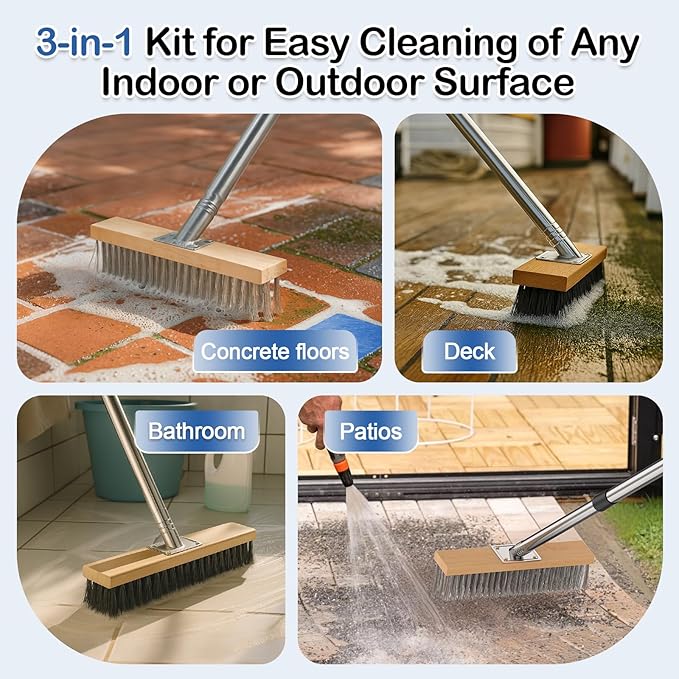 Floor Scrubber Brush, 3-in-1 Deck Brush Kit with Heavy Duty Stainless Steel Wire Scrub Brush, Floor Scrub Broom with 61" Long Handle & Crack Weeder Tool for Concrete Garden Garage