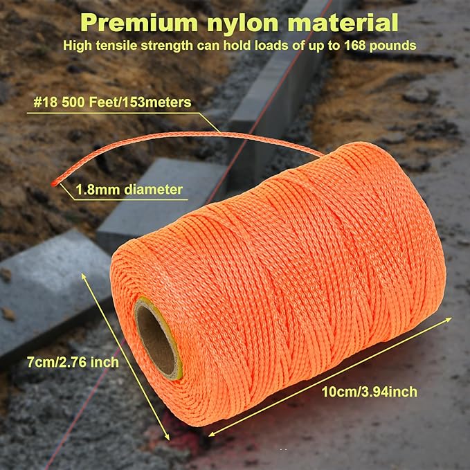 Mason Line String Line - #18 Braided Nylon String - 500 Ft Length - Nylon with Reloadable Line Reel Twine for Gardening Or Masonry Tools - Perfect Construction String (Orange)