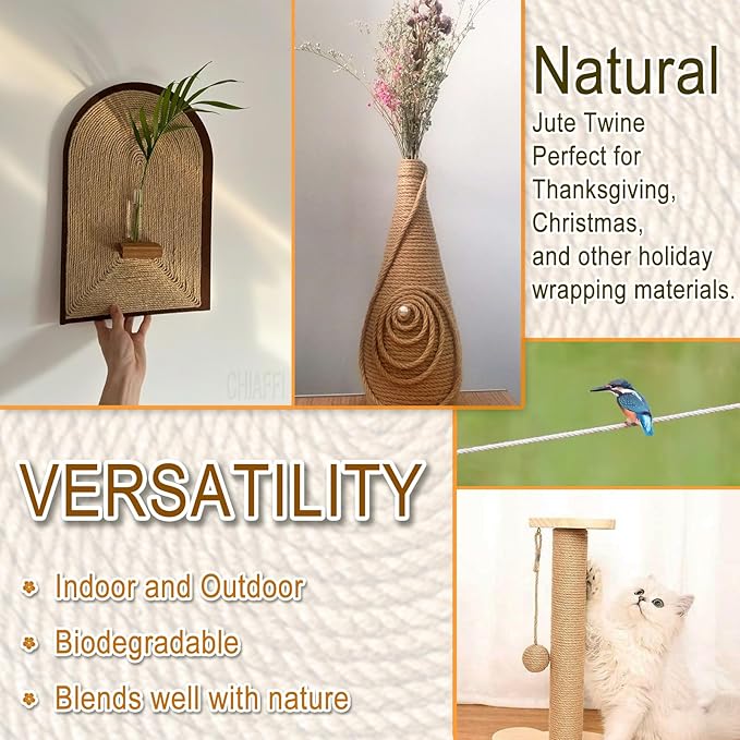 6mm Jute Twine String, 164 Feet 4 Ply Thick Heavy Duty Twine Rope for Crafts, Cat Scratching Post, Cats Toy Making, Gardening Plant, Packing, Bundling, Christmas, Wedding Decor