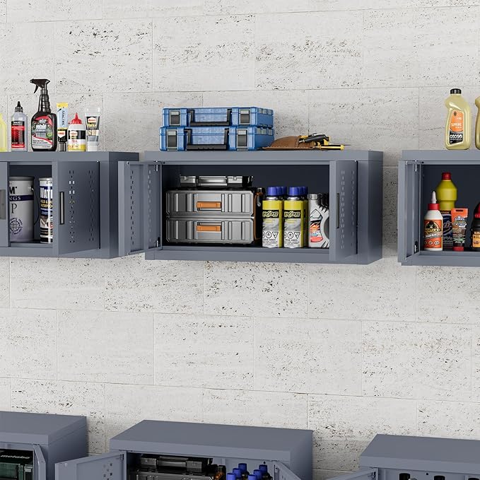 Metal Garage Storage Cabinet Industrial Style Wall Garage Cabinets with 2 Doors Tool Cabinets Wall Mounted Steel Hanging Cabinet for Warehouse Basement Kitchen Laundry - Assembly Required