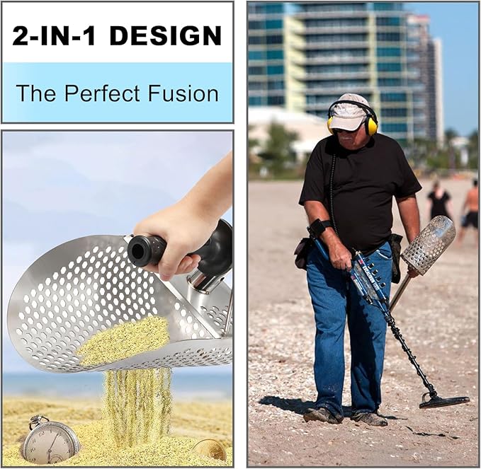 Long Handle Sand Scoop, Heavy Duty 304 Stainless Steel Metal Detecting Sand Scoop with Long Handle Sand Sifter 