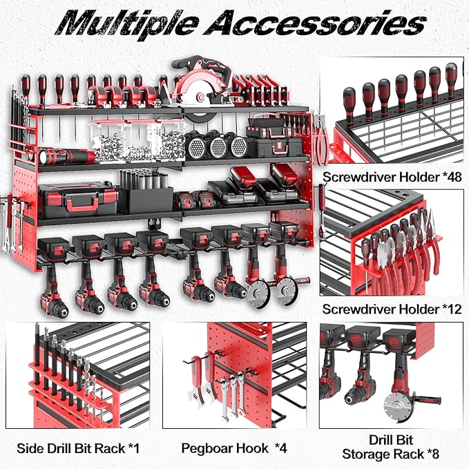 Power Tool Organizer Wall Mount, 4 Layer Heavy Duty Metal Tool Storage Rack, Power Tool Shelf Battery Storage with 8 Cordless Drill Holder,Utility Racks for Garage Workshop
