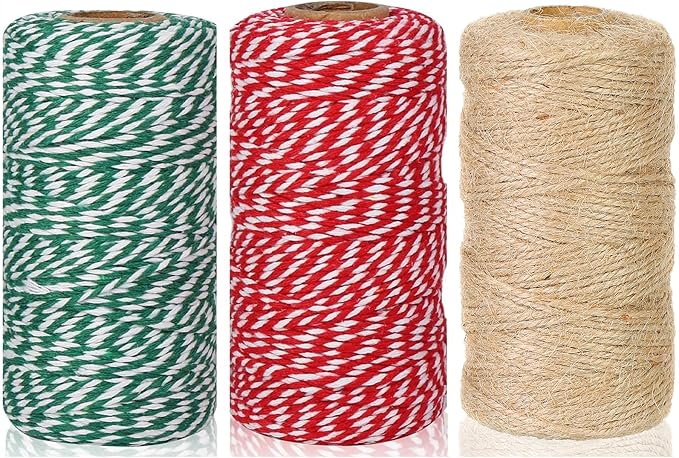 Christmas Cotton Twine Natural Jute 2mm Packing 984 Feet Bakers Kraft Butchers Baking Gardening Twine for Gift Wrapping Arts Crafts Party Decorations(Brown Green Red)